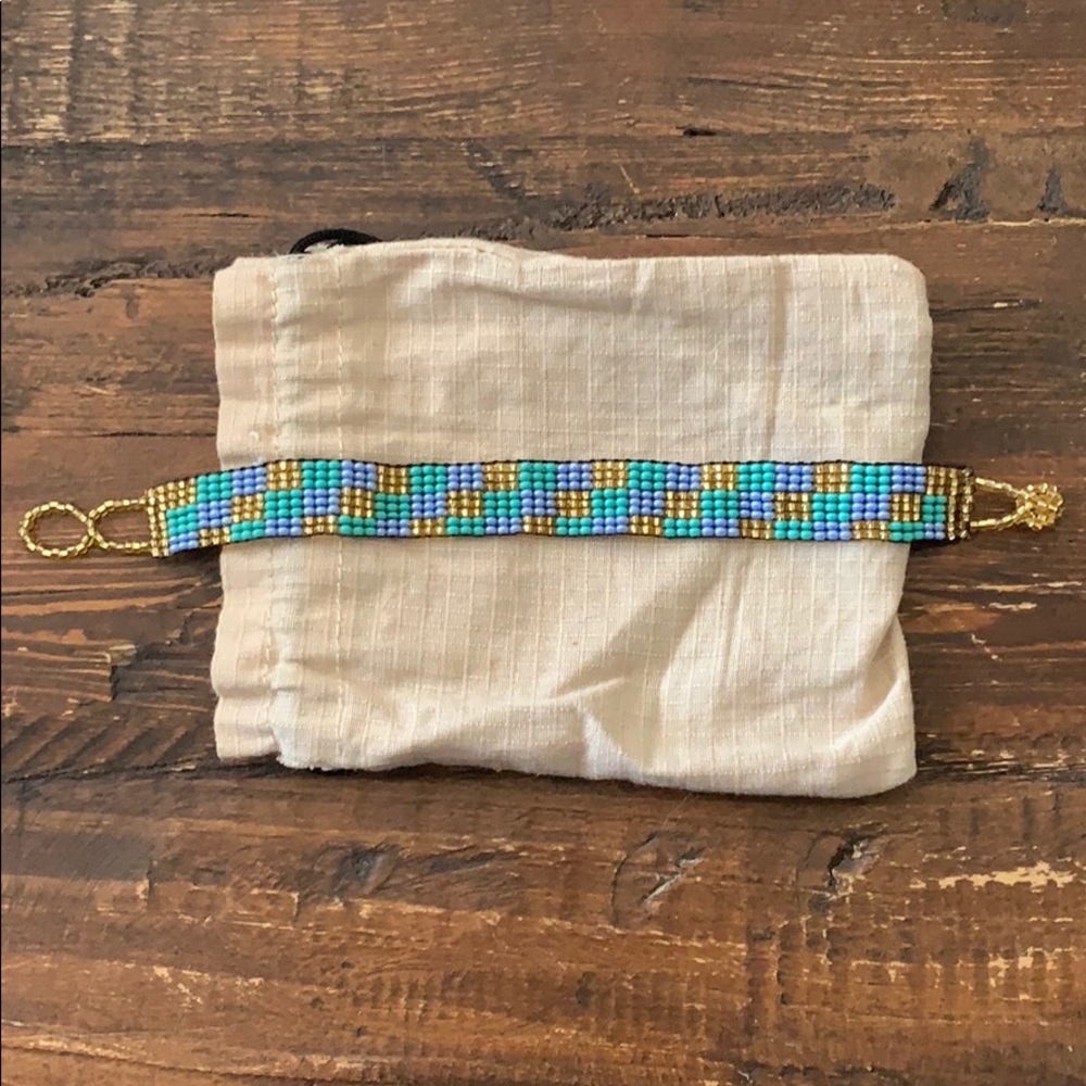 Peruvian Handmade gold, sea green and pretty blue beaded bracelet